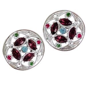 Vintage Signed Sarah Coventry 1960s Earrings Multicolor Rhinestone Clip On Mod